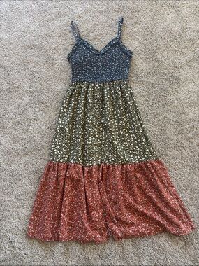 Tiered Floral Midi Dress in Navy, Olive & Rust
